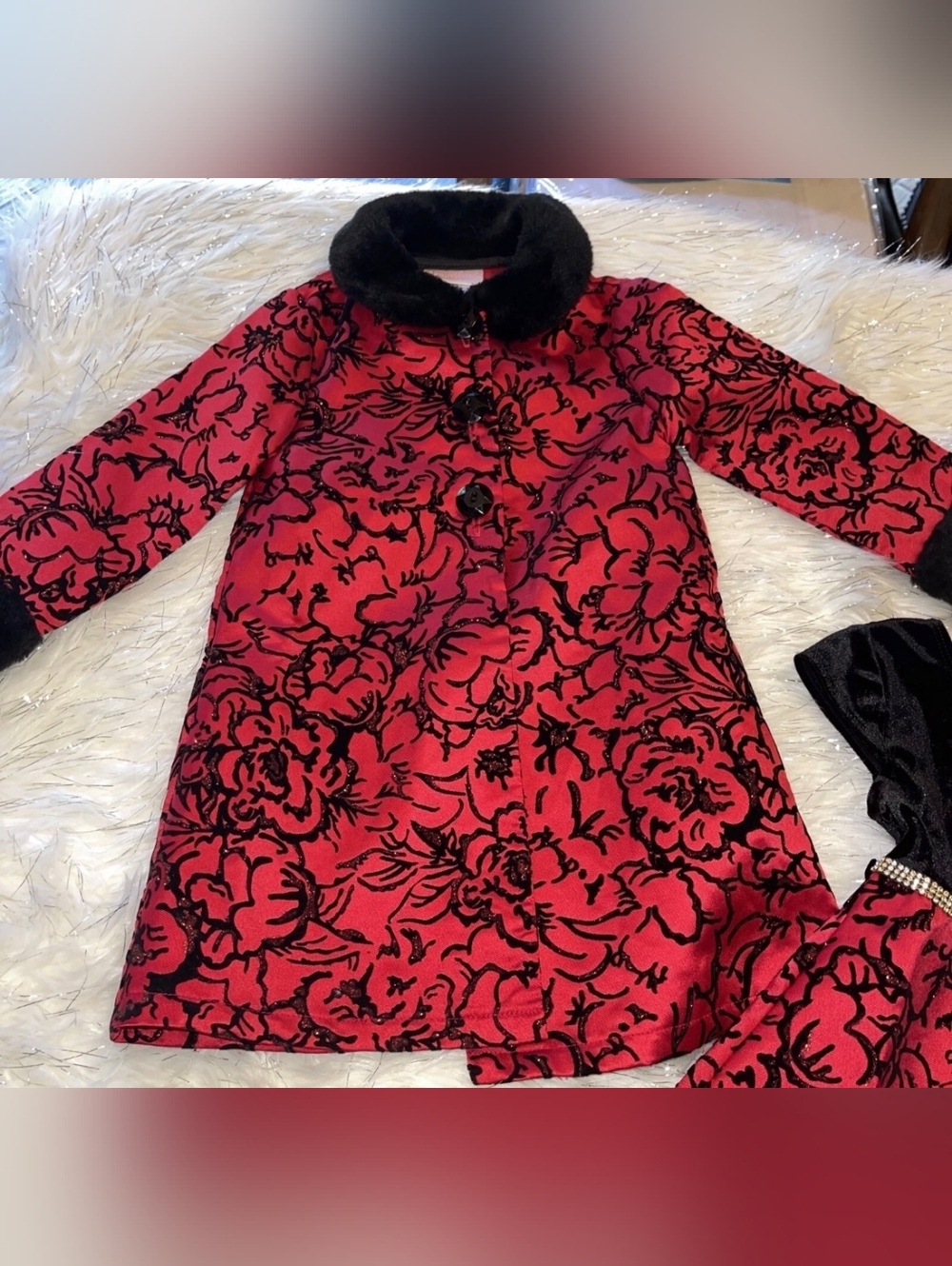 Emily West Girls Red Floral Velvet Dress Coat w/Black Faux Fur Trim, Sz 14! 🍁